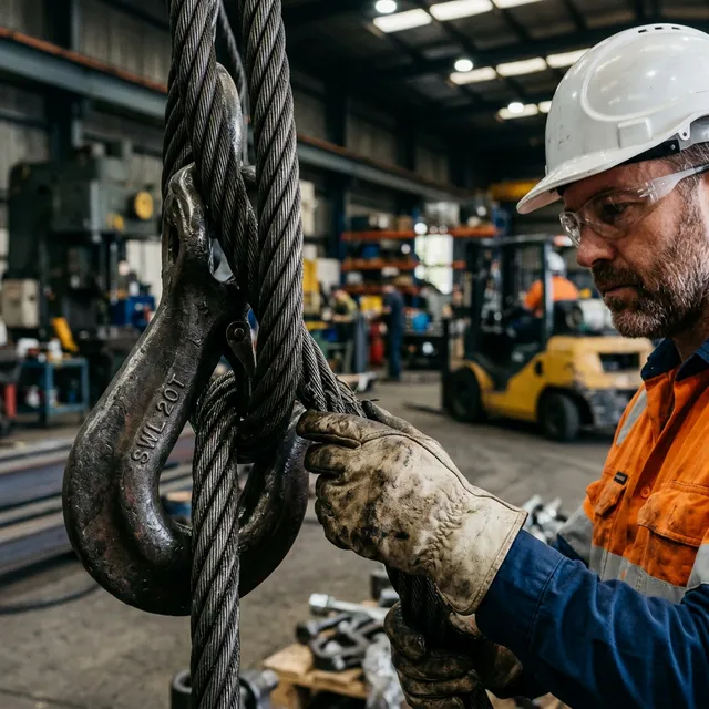 Crane technician inspecting wire rope and hoist brake during a scheduled preventive maintenance service.