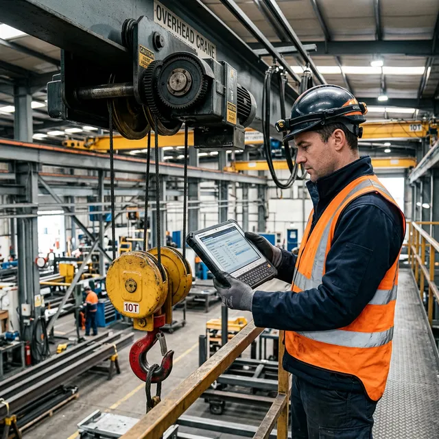 Overhead crane structural inspection with non-destructive testing equipment in an industrial facility.