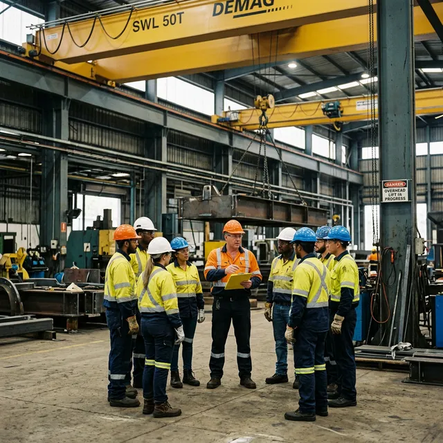 Crane operator and signal person communicating during a controlled overhead lift in a busy industrial plant.