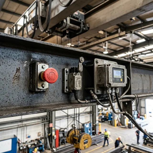 Overhead crane limit switches, emergency stop systems and anti-collision sensors on a modern crane installation.