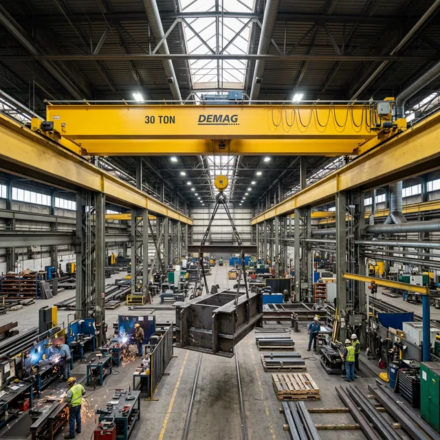Overhead crane engineer assessing an existing double girder crane for modernization and upgrade options.